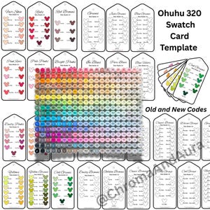 May include: A collection of Ohuhu 320 swatch card templates featuring white tags with Mickey-shaped outlines for color testing. A large grid of colorful marker caps is centered, with text labels like Ohuhu 320 Swatch Card Template and Old and New Codes.