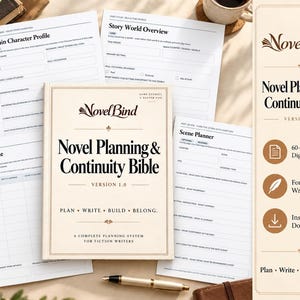 Op de afbeelding: Een Novel Bind Novel Planning & Continuity Bible Version 1.0 werkboek met een crèmekleurige kaft en zwarte tekst. De set bevat meerdere witte, bedrukte planningsbladen voor karakterprofielen, verhaalwerelden, plotlijnen en scèneplanners.