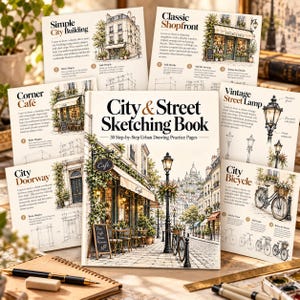 Può includere: Un libro di schizzi City & Street Sketching Book con 30 pagine di esercizi di disegno urbano passo dopo passo. La copertina presenta un'illustrazione dettagliata di un caffè in stile parigino con lampione, tavoli e sedie.