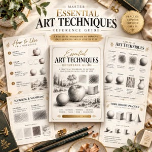 May include: A white workbook titled Essential Art Techniques Reference Guide featuring pencil sketches of an apple, sphere, and cube. The set includes instructional pages on shading, scribbling, scumbling, and form practice with two graphite pencils.