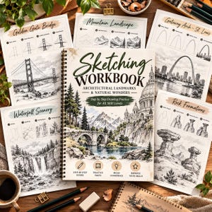 Puede incluir: Un cuaderno de bocetos de espiral con monumentos arquitectónicos y maravillas naturales en la portada, rodeado de cuatro hojas de dibujo instructivas que muestran guías paso a paso para el puente Golden Gate, montañas, arcos y rocas.