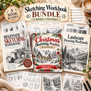 May include: A Sketching Workbook Bundle containing three books with 90 pages total. The set includes a Beginner Sketching Workbook, a Christmas Sketching Practice Workbook, and a Landscape Drawing Workbook, featuring step-by-step lessons.