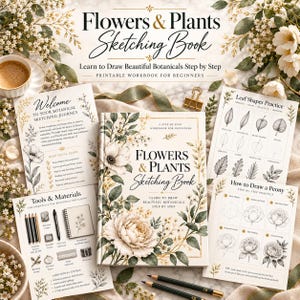 May include: A Flowers & Plants Sketching Book workbook for beginners featuring a floral cover design, accompanied by several instructional pages detailing leaf shapes, drawing tools, and step-by-step peony sketching exercises.