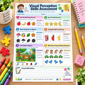 May include: A Visual Perception Skills Assessment worksheet featuring six educational activities including matching pictures, spotting odd ones, matching shadows, completing drawings, finding hidden objects, and identifying directional differences.
