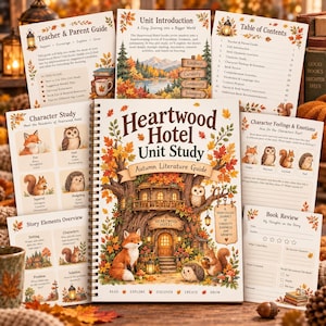 Könnte beinhalten: Ein spiralgebundener Heartwood Hotel Unit Study Autumn Literaturleitfaden mit einer Baumhausillustration, einem Fuchs und einem Igel. Das Set enthält mehrere bedruckte Seiten mit Abschnitten für Charakterstudien, Story-Elemente und Buchrezensionen.