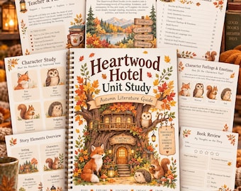 Puede incluir: Una guía de estudio literario Heartwood Hotel Unit Study Autumn con encuadernación en espiral que presenta una ilustración de una casa en el árbol con un zorro y un erizo. Incluye varias páginas impresas con secciones de estudio de personajes.