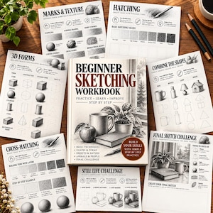 May include: A Beginner Sketching Workbook with a central cover featuring a pencil drawing of an apple, a mug, and a book, surrounded by instructional worksheets on shading, 3D forms, hatching, and still life drawing exercises.