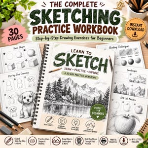 May include: A spiral-bound sketching practice workbook titled The Complete Sketching Practice Workbook with 30 pages. The cover features a mountain landscape illustration and text including Learn to Sketch, Draw, Practice, Improve, and A 30-Day Practice Workbook.