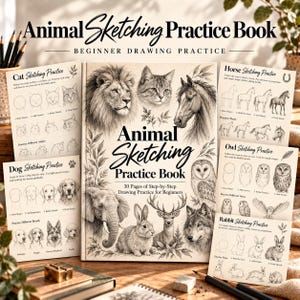 May include: A beige Animal Sketching Practice Book with 30 pages of step-by-step drawing instructions for beginners. The cover features detailed pencil-style illustrations of a lion, cat, horse, owl, elephant, rabbit, deer, and wolf.
