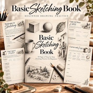 Può includere: Un libro di schizzi Basic Sketching Book per principianti con 30 pagine di esercizi passo dopo passo. La copertina presenta illustrazioni a matita di un cubo, una sfera, una foglia, una tazza e un paesaggio. Include fogli di pratica per linee e curve.
