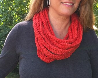 Burnt Orange Scarf Women Handmade Crochet, Gift for Mom, Knit Infinity Scarf for Women, Chain Scarf Necklace, 2024 Fashion, Mothers Day Gift