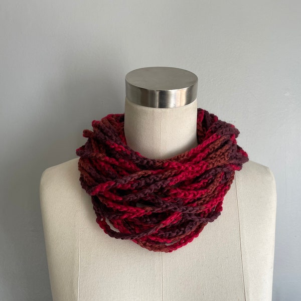 Red Chain Scarf Necklace, Scarf Women Handmade Crochet, Organic Cotton Infinity Scarf for Women, Gift for Teens, Eco Friendly Gift for Her