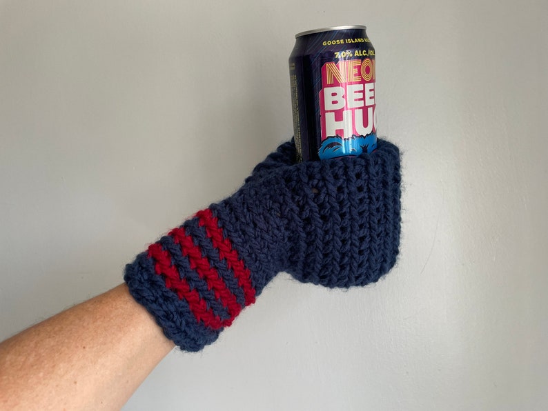 Beer Mitten, Navy Blue with Red Stripes, Gifts for Dad, Ice Fishing Gift for Father In Law, Adult Funny Gift, White Elephant image 3