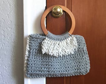 Fringe Handbag, Boho Gray Tote, Wooden Handle Fashion Purse, Present for Mom, Mothers Day Gift, Gift for Crafter, Crochet Handmade