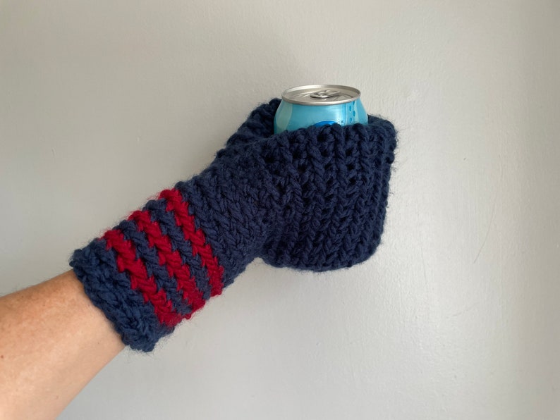 Beer Mitten, Navy Blue with Red Stripes, Gifts for Dad, Ice Fishing Gift for Father In Law, Adult Funny Gift, White Elephant image 2