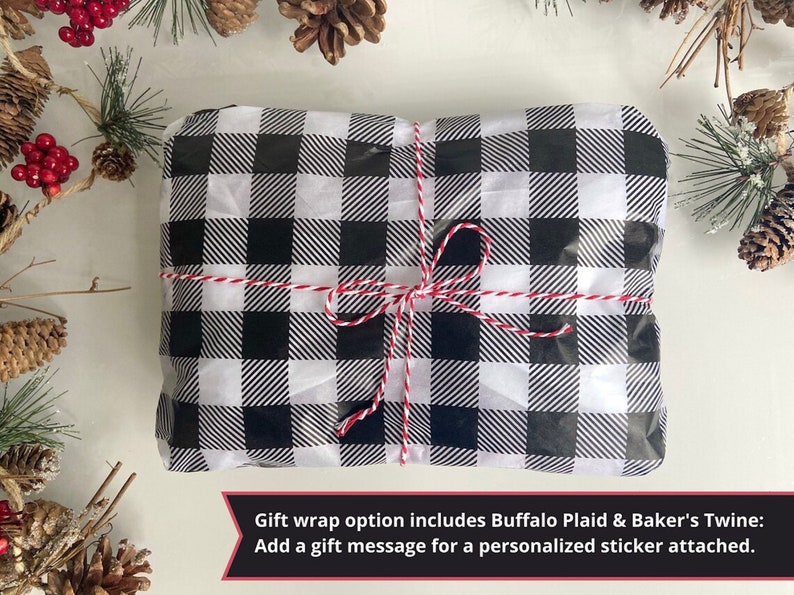This DottieQ beer mitten can be wrapped in black and white Buffalo Plaid tissue paper and red and white baker's twine. For an additional fee you can add a gift message attached to a tag on the package.