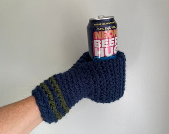 Beer Mitten, Navy Blue with Green Stripes, Gifts for Dad, Ice Fishing Gift for Father In Law, Adult Funny Gift, White Elephant