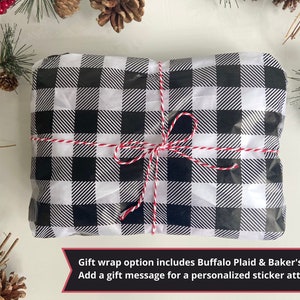 This DottieQ black and orange beer mitten can be wrapped in black and white Buffalo Plaid tissue paper and red and white baker's twine. For an additional fee you can add a gift message attached to a tag on the package.