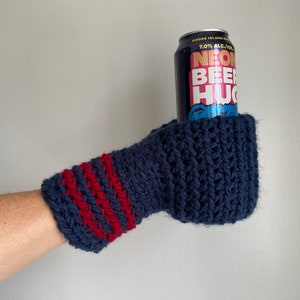 Beer Mitten, Navy Blue with Red Stripes, Gifts for Dad, Ice Fishing Gift for Father In Law, Adult Funny Gift, White Elephant image 1