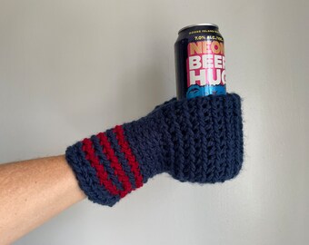 Beer Mitten, Navy Blue with Red Stripes, Gifts for Dad, Ice Fishing Gift for Father In Law, Adult Funny Gift, White Elephant