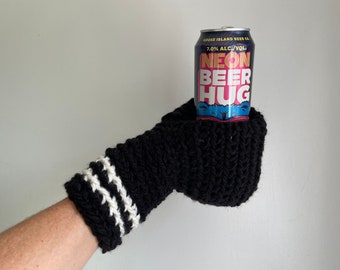 Beer Mitten, Black with White Stripes, Gifts for Dad, Ice Fishing Gift for Father In Law, Adult Funny Gift, White Elephant