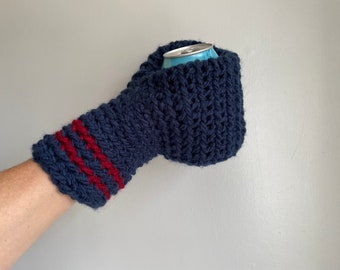 Beer Mitten, Navy Blue with Red Stripes, Gifts for Dad, Ice Fishing Gift for Father In Law, Adult Funny Gift, White Elephant