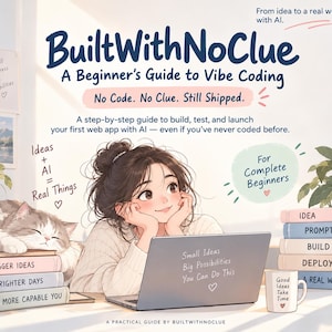 May include: A book cover titled BuiltWithNoClue A Beginner's Guide to Vibe Coding. It features an illustration of a person at a laptop with a cat, stacks of books labeled Idea, Prompt, Build, Deploy, A Real Website, and text about AI web development.