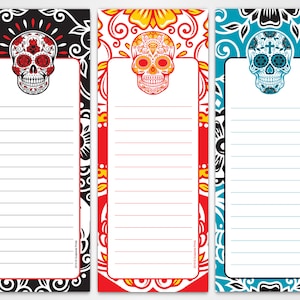 Day of The Dead Skulls Notepads - Magnetic Grocery Lists (3-Pack) - Colorful Halloween Gift