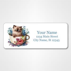 Personalized Return Address Labels - Cute Cat in a Teacup - 120 Custom Self-Adhesive Stickers - Shipping and Mailing Labels