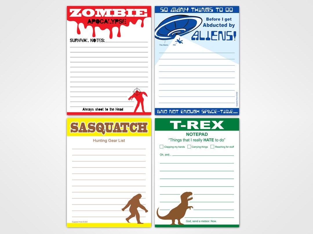 Funny Novelty Memo Pads Bundle 4 Items Trex, Zombie, Aliens and Sasquatch Fun Office Gag Gift