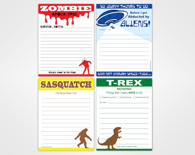 Funny Novelty Memo Pads Bundle (4 Items) T-Rex, Zombie, Aliens and Sasquatch - Fun Office Gag Gift for Friends and Coworkers