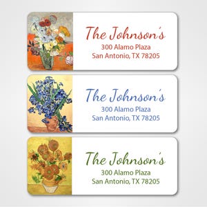 May include: Three address labels featuring different famous paintings by Vincent van Gogh. Each label has a white background with the text "The Johnson's", "300 Alamo Plaza", and "San Antonio, TX 78205". The first label features a vase of flowers with red, white, and yellow blooms. The second label features a vase of blue flowers. The third label features a vase of sunflowers.