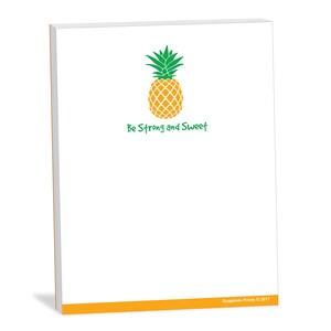 May include: White notepad with a yellow and green pineapple graphic and the text "Be Strong and Sweet". The bottom of the notepad is yellow.