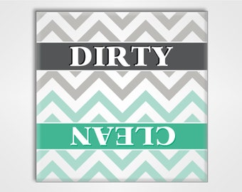 Clean Dirty Dishwasher Magnet Sign - Turquoise and Gray Chevron Stripes Design