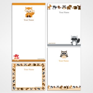 May include: Four different printable stationery designs featuring woodland animals. Each design has a different animal, including a fox, raccoon, owl, and a border of various woodland animals. The text "Your Name" appears on each design.