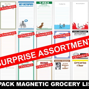 May include: A 10-pack of magnetic grocery lists with humorous and quirky designs. The lists feature various illustrations and text, such as "Let's Do This!" and "Stuff I Write Down Because My Brain Refuses to Work Sometimes".