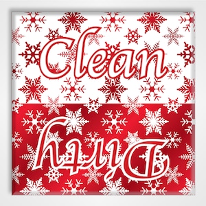 Clean Dirty Dishwasher Magnet Sign - Winter Snowflakes Christmas Novelty Gift, Red and White