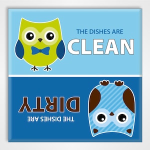 Clean Dirty Dishwasher Magnet Sign Cute Blue Owls Design image 1