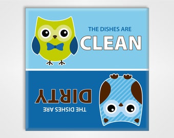 Clean Dirty Dishwasher Magnet Sign - Cute Blue Owls Design