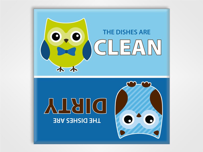 Clean Dirty Dishwasher Magnet Sign Cute Blue Owls Design image 1