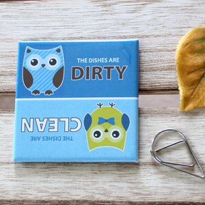 Clean Dirty Dishwasher Magnet Sign Cute Blue Owls Design image 3