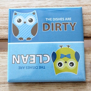 Clean Dirty Dishwasher Magnet Sign Cute Blue Owls Design image 4