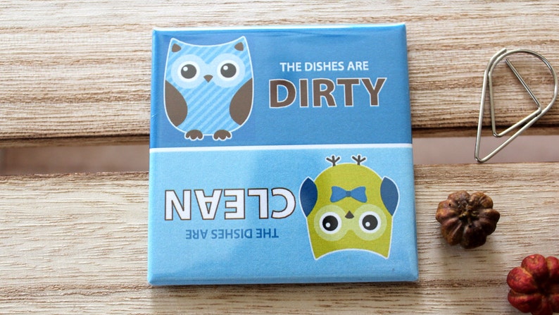 Clean Dirty Dishwasher Magnet Sign Cute Blue Owls Design image 4