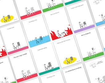 May include: A set of 12 printable note cards featuring stick figure illustrations and humorous captions. The cards are in various colors, including red, yellow, green, blue, and purple. The captions include phrases like "I'm dead inside", "Everything is fine", "This was a major mistake", and "I have no idea what I'm doing".