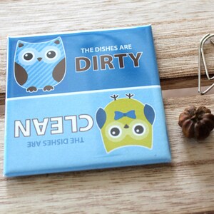 Clean Dirty Dishwasher Magnet Sign Cute Blue Owls Design image 2