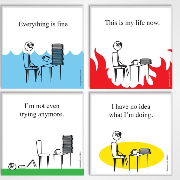 Funny Fridge Magnets - Everything is Fine and More (4-Pack) - Office Novelty Gift for Coworkers