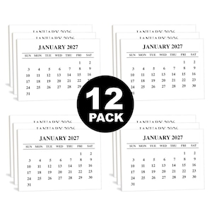 May include: A pack of twelve white square calendars for January 2027. Each calendar has a black font with the days of the week and dates. The text "12 PACK" is in a black circle.