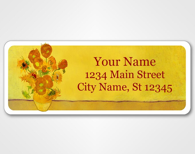 Personalized Return Address Labels - Van Gogh Sunflowers Vase - 120 Custom Self-Adhesive Stickers - Valentines Day Gift