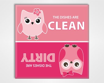 Clean Dirty Dishwasher Magnet Sign - Cute Pink Owls Design