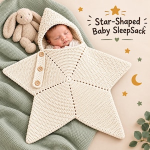 Op de afbeelding: Een crèmekleurige, stervormige gehaakte babyslaapzak met een capuchon en drie houten knopen. Een baby ligt erin, met een pluche konijn ernaast. De tekst luidt Star-Shaped Baby SleepSack, vergezeld van ster- en maansymbolen.